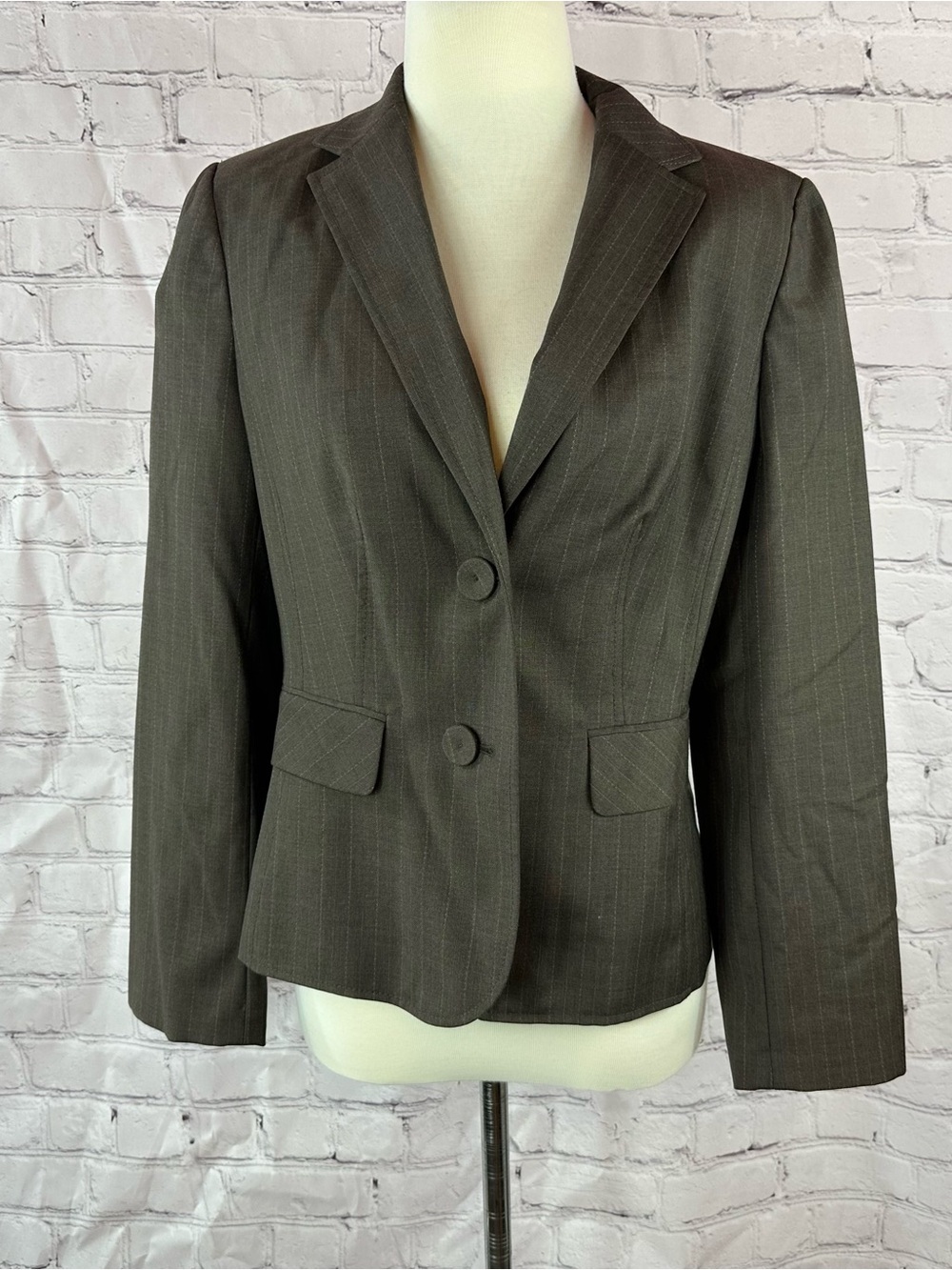 Ann Taylor Brown Pinstripe wool suit jacket Blazer women 10 office minimalist